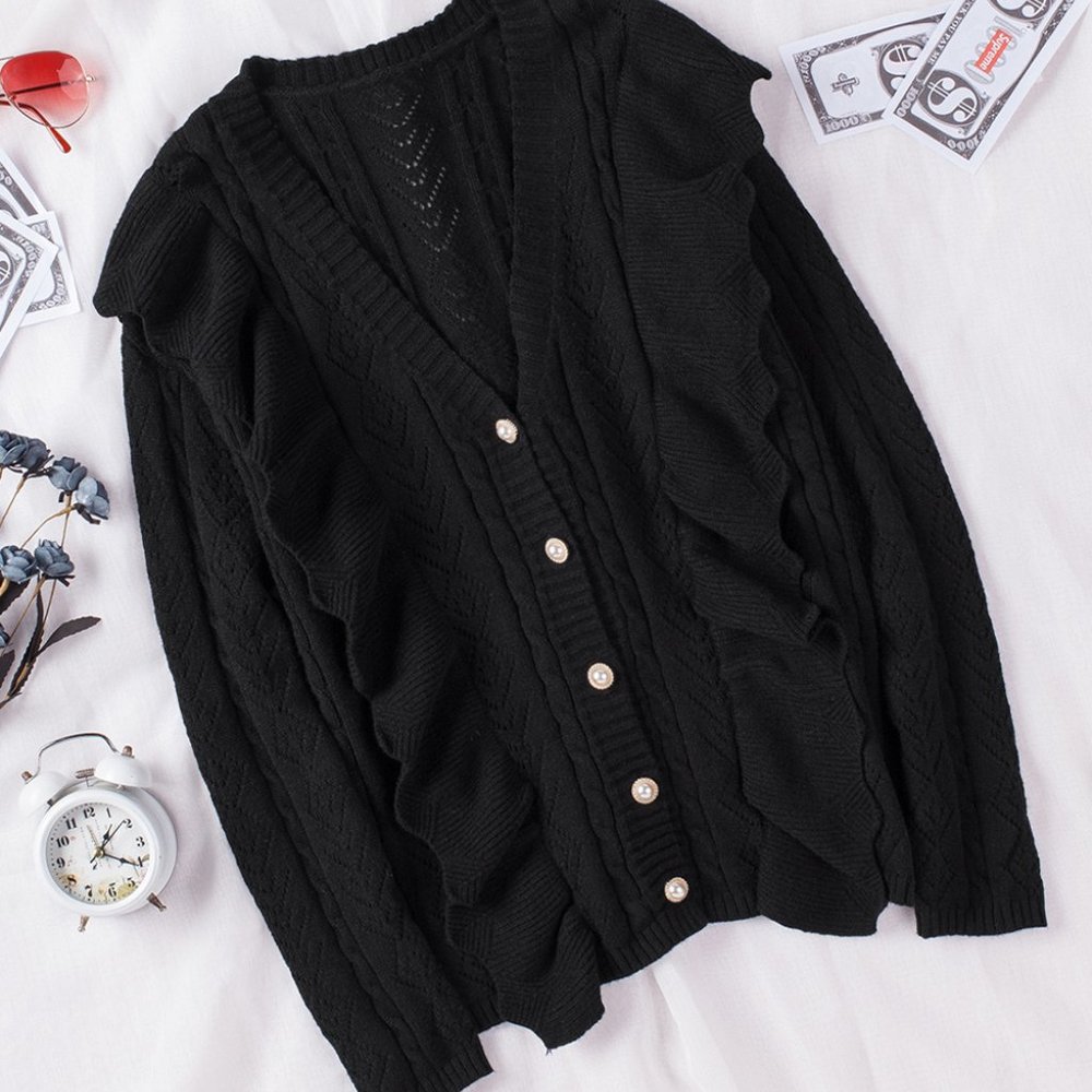 Black Ruffled Buttoned Open Front Knitted Sweater - Picture 7 of 16